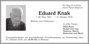 Traueranzeige von Eduard Knak von Allgäuer Zeitung,Kempten