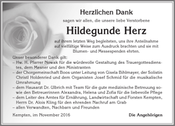 Traueranzeige von Hildegunde Herz von Allgäuer Zeitung