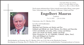 Traueranzeige von Engelbert Maurus von Der Westallgäuer