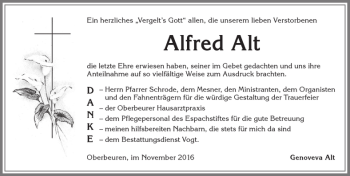 Traueranzeige von Alfred Alt von Allgäuer Zeitung, Kaufbeuren/Buchloe