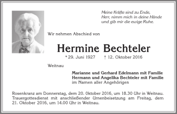Traueranzeige von Hermine Bechteler von Allgäuer Zeitung,Kempten