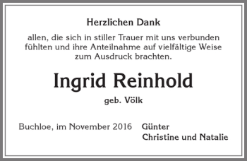 Traueranzeige von Ingrid Reinhold von Allgäuer Zeitung, Kaufbeuren/Buchloe
