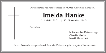 Traueranzeige von Imelda Hanke von Allgäuer Zeitung,Kempten