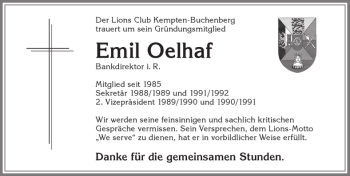Traueranzeige von Emil Oelhaf von Allgäuer Zeitung,Kempten
