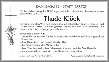 Traueranzeige von Thade Klöck von Allgäuer Zeitung,Kempten