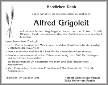 Traueranzeige von Alfred Grigoleit von Allgäuer Zeitung, Kaufbeuren/Buchloe