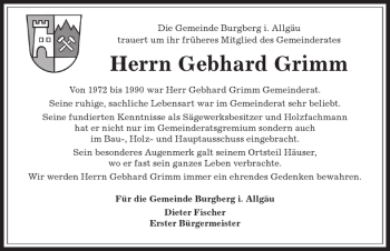 Traueranzeige von Gebhard Grimm von Allgäuer Anzeigeblatt