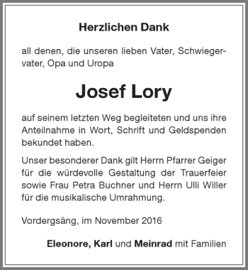 Traueranzeige von Josef Lory von Memminger Zeitung