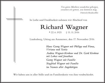 Traueranzeige von Richard Wagner von Der Westallgäuer