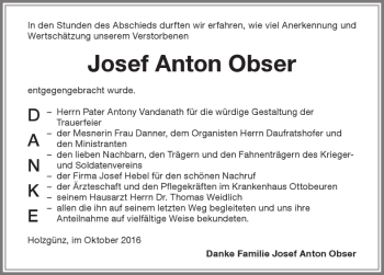 Traueranzeige von Josef Anton Obser von Memminger Zeitung