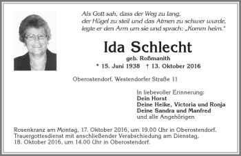 Traueranzeige von Ida Schlecht von Allgäuer Zeitung, Kaufbeuren/Buchloe