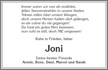 Traueranzeige von Joni  von Allgäuer Zeitung, Marktoberdorf