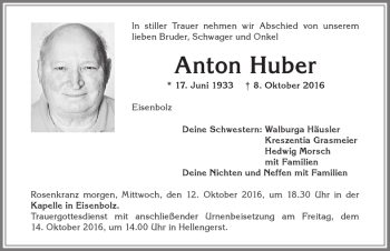 Traueranzeige von Anton Huber 