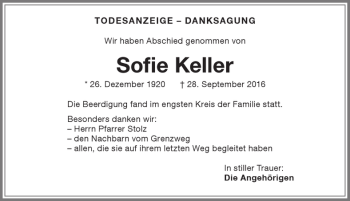 Traueranzeige von Sofie Keller von Memminger Zeitung