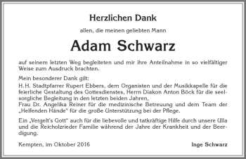 Traueranzeige von Adam Schwarz von Allgäuer Zeitung,Kempten
