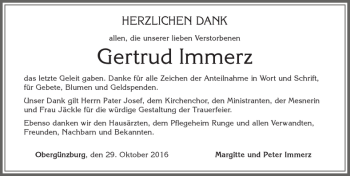 Traueranzeige von Gertrud Immerz von Allgäuer Zeitung, Marktoberdorf