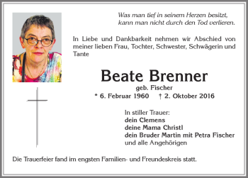 Traueranzeige von Beate Brenner von Allgäuer Zeitung, Marktoberdorf