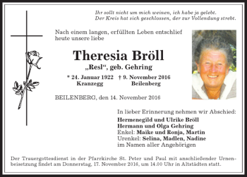 Traueranzeige von Theresia Bröll von Allgäuer Anzeigeblatt