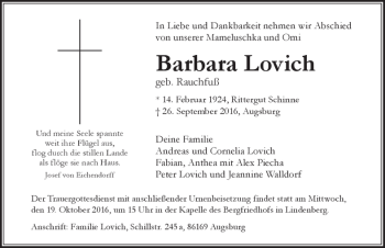Traueranzeige von Barbara Lovich von Der Westallgäuer
