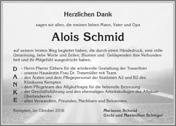 Traueranzeige von Alois Schmid von Allgäuer Zeitung,Kempten
