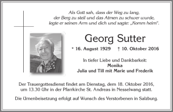 Traueranzeige von Georg Sutter von Allgäuer Zeitung, Füssen