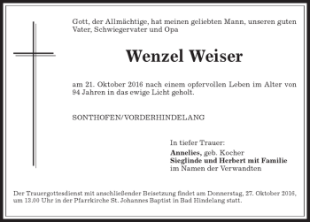 Traueranzeige von Wenzel Weiser von Allgäuer Anzeigeblatt