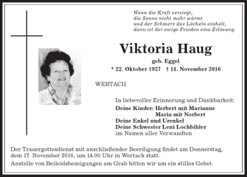 Traueranzeige von Viktoria Haug von Allgäuer Anzeigeblatt