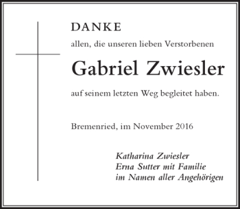 Traueranzeige von Gabriel Zwiesler von Der Westallgäuer