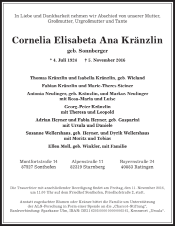 Traueranzeige von Cornelia Elisabeta Ana Kränzlin von Allgäuer Anzeigeblatt