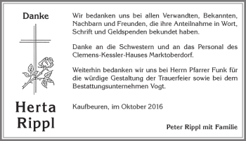 Traueranzeige von Herta Rippl von Allgäuer Zeitung, Kaufbeuren/Buchloe