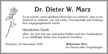 Traueranzeige von Dieter W. Marz von Allgäuer Zeitung,Kempten