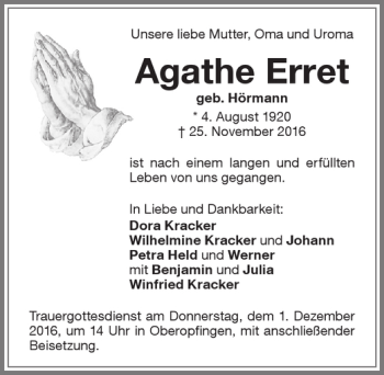 Traueranzeige von Agathe Erret von Memminger Zeitung