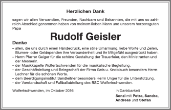 Traueranzeige von Rudolf Geisler von Memminger Zeitung