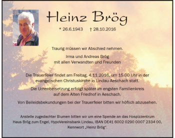 Traueranzeige von Heinz Brög von Der Westallgäuer