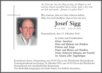 Traueranzeige von Josef Sigg von Der Westallgäuer
