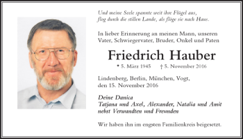 Traueranzeige von Friedrich Hauber von Der Westallgäuer