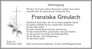 Traueranzeige von Franziska Greulach von Allgäuer Zeitung, Füssen