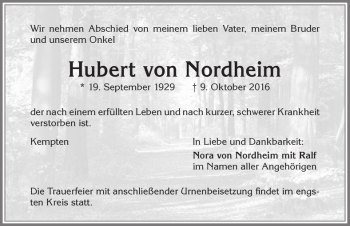 Traueranzeige von Hubert von Nordheim von Allgäuer Zeitung,Kempten