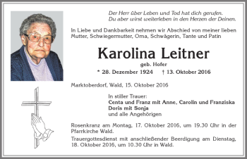 Traueranzeige von Karolina Leitner von Allgäuer Zeitung, Marktoberdorf