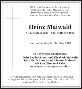 Traueranzeige von Heinz Maiwald von Allgäuer Anzeigeblatt