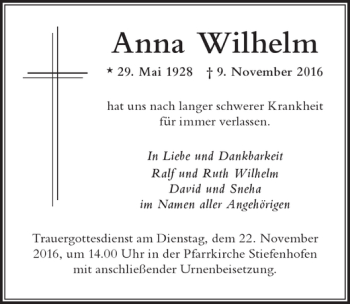 Traueranzeige von Anna Wilhelm von Der Westallgäuer