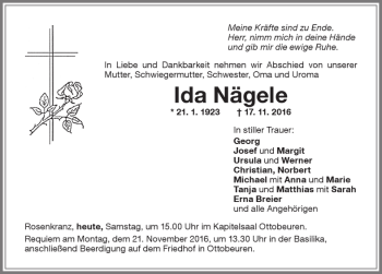 Traueranzeige von Ida Nägele von Memminger Zeitung