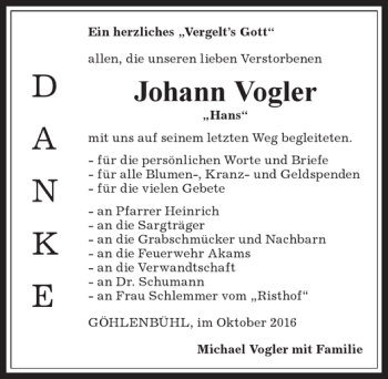 Traueranzeige von Johann Vogler von Allgäuer Anzeigeblatt