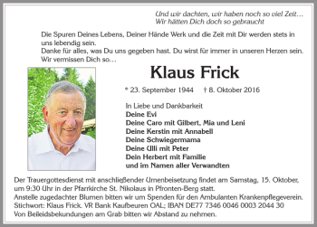 Traueranzeige von Klaus Frick von Allgäuer Zeitung, Füssen