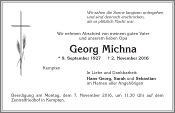 Traueranzeige von Georg Michna von Allgäuer Zeitung,Kempten