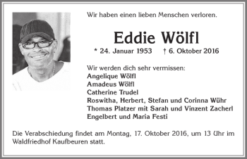 Traueranzeige von Eddie Wölf von Allgäuer Zeitung, Kaufbeuren/Buchloe