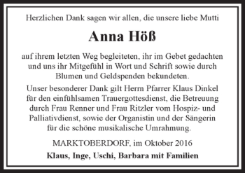 Traueranzeige von Anna Höß von Allgäuer Zeitung, Marktoberdorf