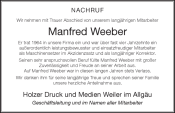 Traueranzeige von Manfred Weeber von Der Westallgäuer