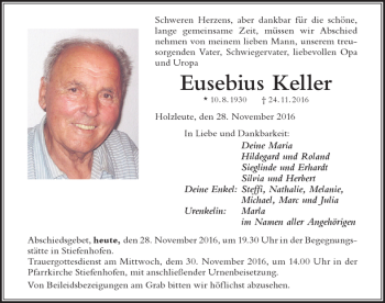 Traueranzeige von Eusebius Keller von Der Westallgäuer