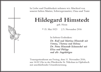 Traueranzeige von Hildegard Himstedt von Der Westallgäuer